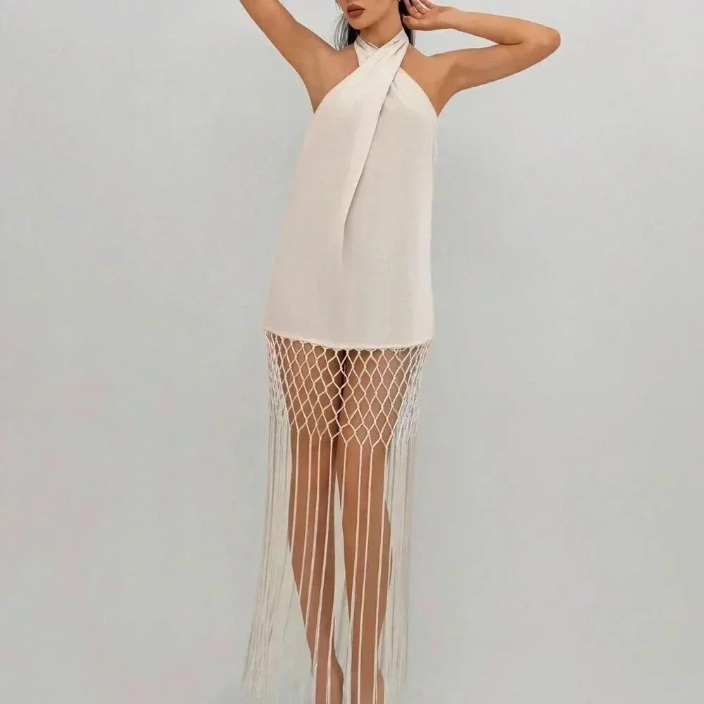 Apricot Party Women's Sleeveless Fringed Hem Dress